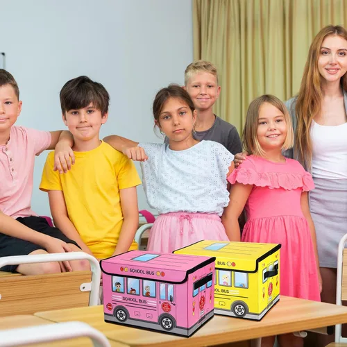 Miniatura 5 de Sweetude Caja del tesoro de autobús escolar de 2 piezas para el aula, caja plegable de almacenamiento de juguetes con tapa, organizador de tesoros