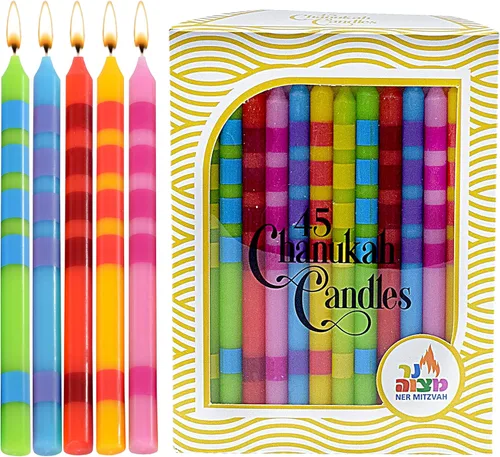 Ner Mitzvah Velas de Janucá sin goteo tamaño estándar, velas de Hanukkah multicolor de dos tonos que se adaptan a la mayoría de menorás, cera de