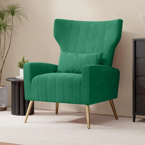 Miniatura 16 de Nebuaegis Silla decorativa de terciopelo con respaldo alado para sala de estar, sillón de respaldo alto con patas doradas, almohada lumbar, sofá