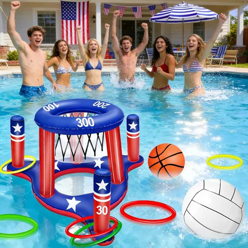 Miniatura 3 de Grandes juegos inflables de piscina, red de voleibol y aro de baloncesto con 2 pelotas de playa, bandera estadounidense, juguetes de agua