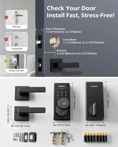 Miniatura 8 de Philips Cerradura inteligente WiFi integrada + 2 niveles, cerraduras inteligentes para puerta delantera, cerrojo de teclado digital con asa, huella
