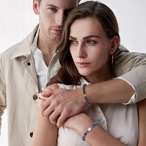 Miniatura 44 de 2 pulseras magnéticas para parejas, piedra natural negra mate, cristal para votos de amor eterno, juego de pulseras de cuentas de piedra de energía