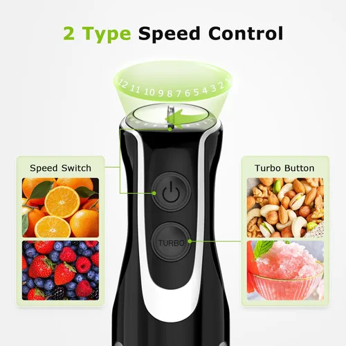 Miniatura 11 de Bonsenkitchen Batidora de inmersión 4 en 1 de mano con procesador de alimentos, batidora de mano de 12 velocidades con modo turbo, hoja de acero