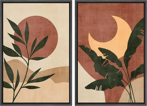 Miniatura 10 de SIGNFORD Lienzo enmarcado para pared, juego de arte con hojas de palmera de selva, polígonos geométricos, formas abstractas, ilustración, arte