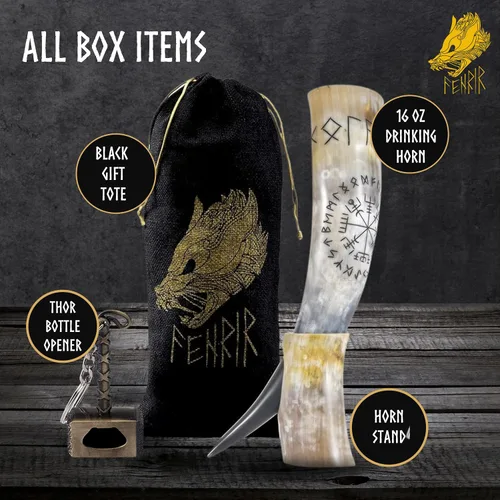 Miniatura 2 de FENRIR Cuerno vikingo para beber de 16 oz con soporte y abridor para cerveza, ale, mead, regalo para hombres y mujeres 100% auténtico hecho a mano