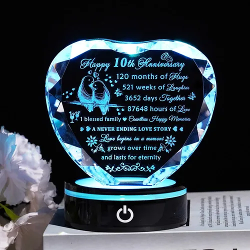 Miniatura 7 de YWHL Regalos de corazón de cristal para parejas con base LED, grabado con láser, regalo de recuerdo de feliz décimo aniversario para esposa, marido