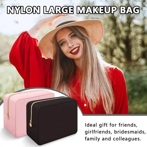 Miniatura 5 de Iqimott Bolsa de Maquillaje Grande de Nylon, Estuche de Viaje Preppy, Bolsa de Cosméticos Grande Organizadora de Maquillaje de Nylon, Bolsa de Negro