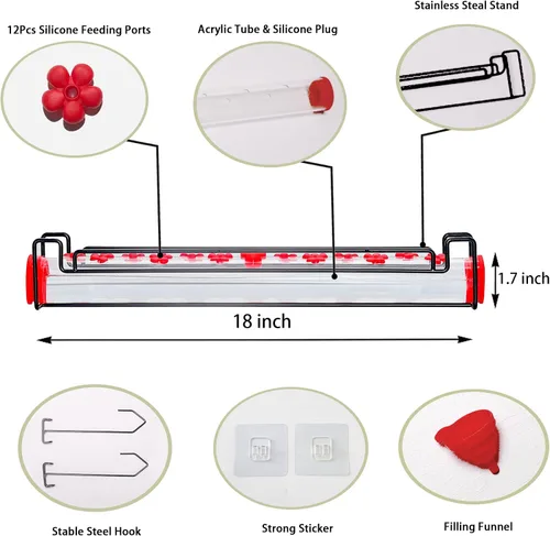 Miniatura 5 de Alimentador de colibríes para colgar en exteriores, colgar y ventana, tubo horizontal de dos modos de alimentación para colibríes, con percha