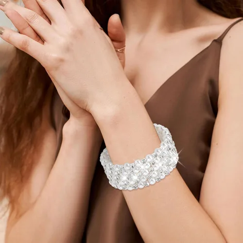 Miniatura 4 de Long tiantian Juego de pulseras de perlas para mujer, pulsera de diamantes de imitación de cristal multicapa, brazaletes con cuentas elásticas