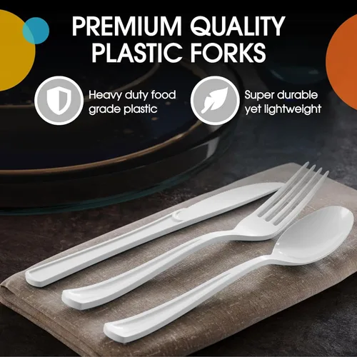 Miniatura 4 de Party Solids Cubiertos de plástico blanco resistentes, 150 piezas desechables de color blanco, juego de utensilios de cocina, 50 de cada tenedor