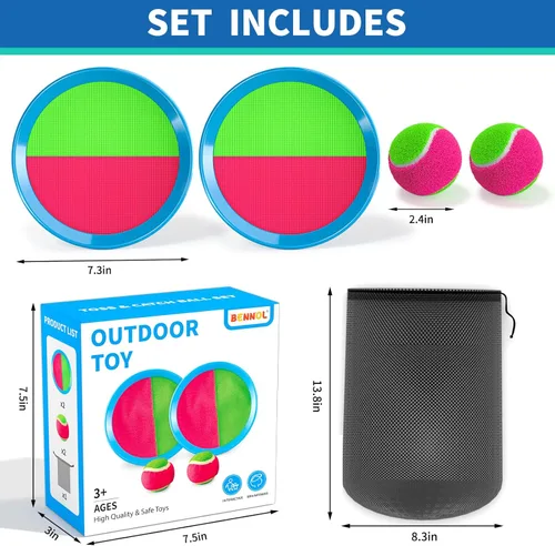 Miniatura 2 de Bennol Juego de Pelota para Lanzar y Atrapar Juguetes al Aire Libre para Niños con 2 Paletas, 2 Pelotas y una Bolsa de Almacenamiento, Juegos al