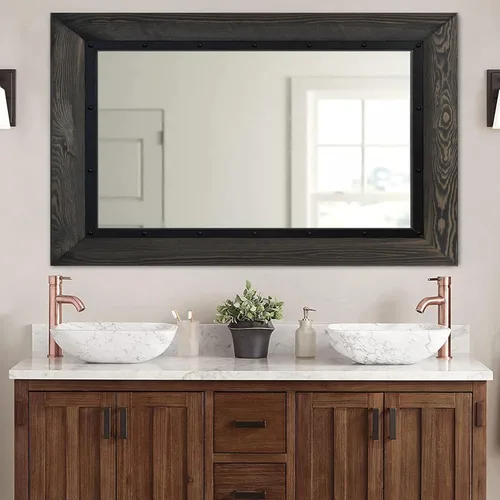 Miniatura 8 de YOSHOOT Espejo de pared con marco de madera rústica, 32 x 24 pulgadas, espejo de tocador de baño de madera natural y hierro para decoración