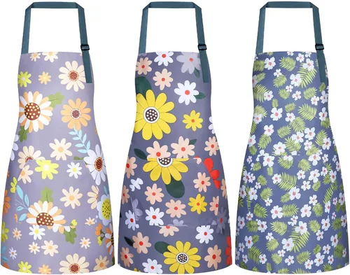 Miniatura 12 de Paquete de 3 delantales florales impermeables para mujer, correa ajustable con bolsillo, multiusos para cocina, arte, jardín