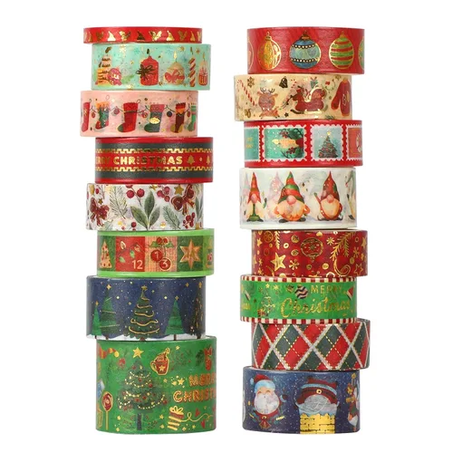 16 rollos de cinta adhesiva Washi de Navidad, cinta de enmascarar festiva, 4 tamaños, rojo y verde, cinta de envolver navideña, cinta decorativa de