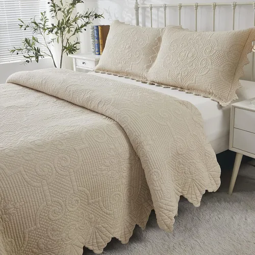 Miniatura 17 de Brandream Juego de ropa de cama de 2 piezas con borde festoneado, tamaño individual, color beige, tamaño individual, tamaño individual