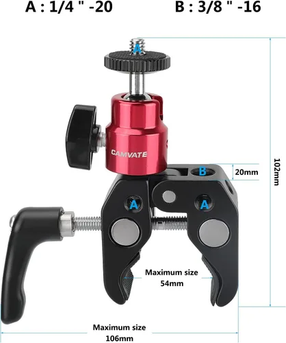 Miniatura 2 de CAMVATE Abrazadera universal de agarre de cangrejo con perilla de tornillo reforzada + soporte de cabeza de bola ajustable de 1/4 "-20 (rojo) - 2882