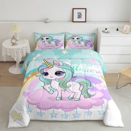 Miniatura 10 de Feelyou Juego de ropa de cama de unicornio para niñas, bonito edredón con purpurina de unicornio de dibujos animados arco iris para niños, juego