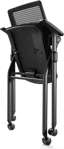 Miniatura 6 de Juego de 2 sillas de oficina plegables con ruedas de PU, malla ergonómica con respaldo elástico, silla apilable para sala de conferencias, silla
