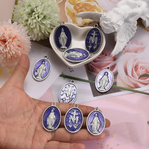 Miniatura 9 de 10 medallas católicas grandes de la Virgen María – Colgante ovalado de esmalte azul de aleación para hacer collares, joyas, ideal para hombres