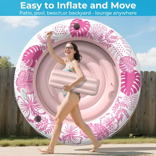 Miniatura 8 de Inflatable Tanning Pool Lounger Float with Protection Tarp, 75" x 75" Pool Floats Adult with Pillow, 6 in 1 Suntan Tub Raft Floatie, Sunbathing Rosa