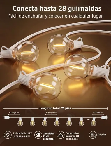 Miniatura 2 de Guirnalda de luces LED para exteriores, G40, de 25 pies, impermeable, con 27 bombillas inastillables, luces colgantes de decoración de Navidad al