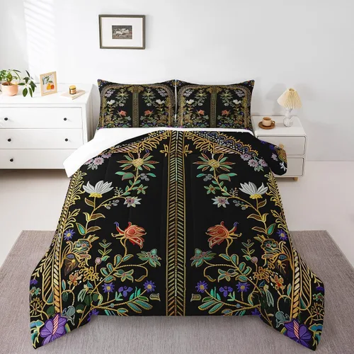 Miniatura 43 de Erosebridal - Juego de ropa de cama damascada negra para adultos, conjunto de edredón victoriano antiguo estilo barroco, tamaño queen, edredón Multi
