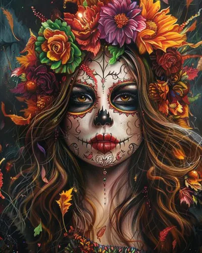 Miniatura 32 de Kit de Pintura por Números de Retrato de Mujer Calavera de Azúcar al Óleo de 16 x 20 Pulgadas, Lienzo para Halloween, Decoración para Mujeres, Chica