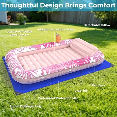 Miniatura 7 de Flotador inflable de bronceado para piscina con lona de protección, flotadores de piscina de 70 x 46 pulgadas para adultos con almohada, flotador 6