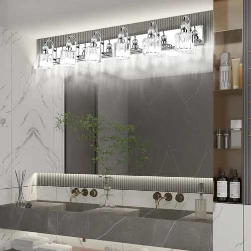 Miniatura 5 de Ralbay 6 luces de cristal de acero inoxidable para tocador de baño, espejo largo, accesorios de iluminación modernos de cristal para baño Cromo