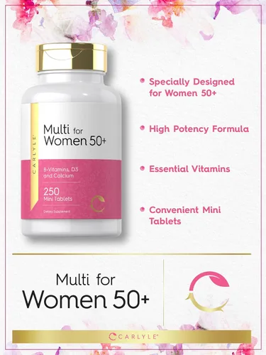 Miniatura 3 de Carlyle Multivitamínico para mujeres de 50 años o más 250 mini tabletas Suplemento con vitaminas B, D3, calcio y folato Sin hierro Sin OMG