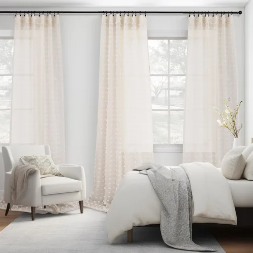 Miniatura 4 de Cortinas Beige Semitransparentes de 63 Pulgadas de Largo para Dormitorio, Sala de Estar, Guardería Infantil, Ventana con Diseño de Pompón