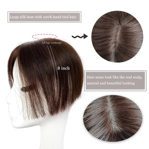 Miniatura 2 de Cubrecabello humano real de seda de 5 x 5.5 pulgadas, tamaño de la gorra, cobertura de corona de cabello lacio Remy, pieza de cabello atado a mano 2#