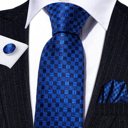 Miniatura 111 de Barry.Wang Juego de corbatas a cuadros para hombre con pañuelo gemelos de rayas clásicas