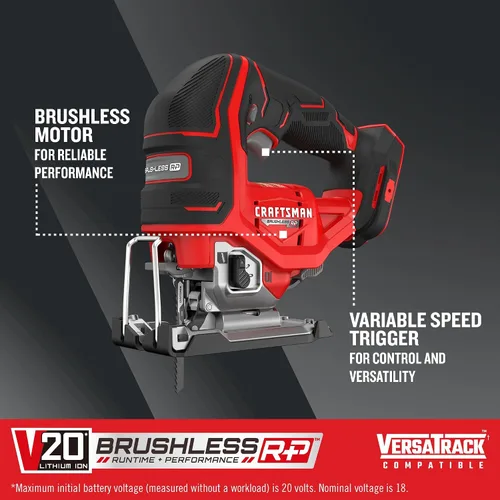 Miniatura 3 de CRAFTSMAN V20 RP - Sierra de calar inalámbrica, 3 ajustes orbitales, hasta 3,200 SPM, velocidad variable sin llave, solo herramienta (CMCS650B)