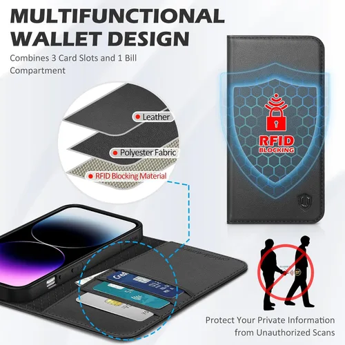 Miniatura 3 de SHIELDON Funda para iPhone 14 Pro Max 5G de 6.7 pulgadas, funda de cuero genuino tipo cartera con tapa con bloqueo RFID, ranuras para tarjetas, Negro