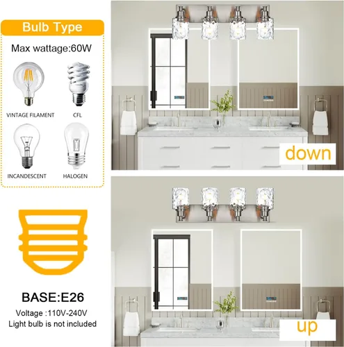 Miniatura 3 de BONLICHT Dispositivo de iluminación para tocador de baño con 4 luces, aplique de pared industrial de níquel cepillado con pantalla de vidrio