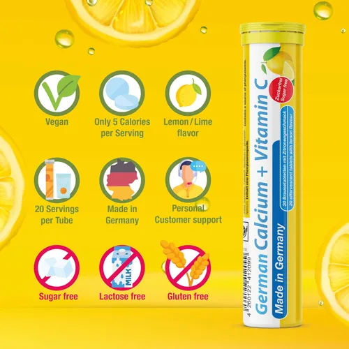 Miniatura 5 de Calcio alemán + VIT. C - 100 tabletas efervescentes de bebida vegana - Sabor limón y lima - Hecho en Alemania