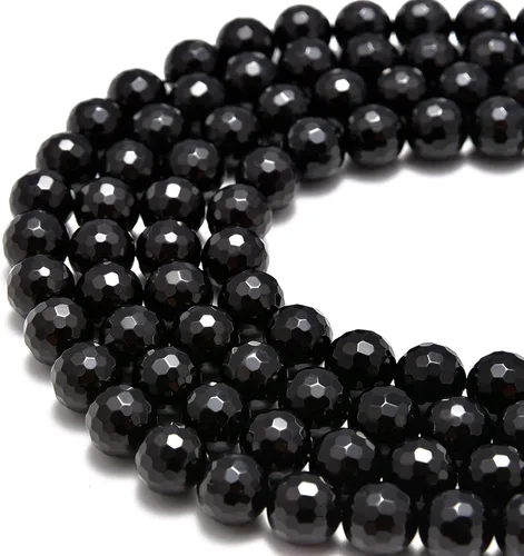 Miniatura 2 de JM Design Cuentas redondas sueltas facetadas de ónix negro, tamaño 0.157 in, 15.5 pulgadas, hebra para fabricación de joyas, arte y manualidades