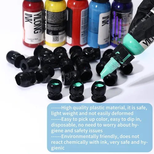 Miniatura 4 de Tapas de tinta de tatuaje, vasos desechables de tinta de tatuaje de calavera, 200 unidades, tapas de tinta de plástico para tatuajes, maquillaje