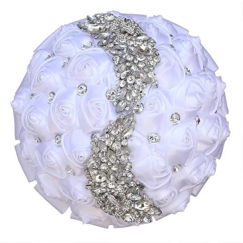 Miniatura 28 de XINNI Ramo de boda verde esmeralda para novia, dama de honor, satén rosa, ramo de boda con diamantes de imitación en forma de lluvia de meteoritos