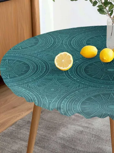 Miniatura 3 de Mantel redondo ajustado con diseño floral de mandala aguamarina, estilo étnico bohemio con borde elástico, impermeable, mantel circular de flores