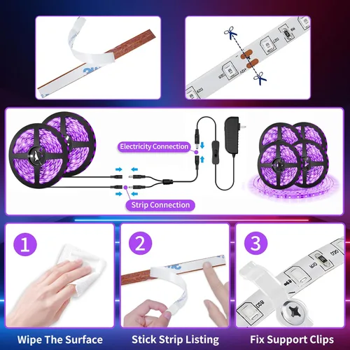 Miniatura 5 de TigQiang Tira de luz negra, 79 pies/78.7 ft de luz negra flexible con kit, 1440 cuentas de lámpara, luz LED de 12 V, decoración de Navidad