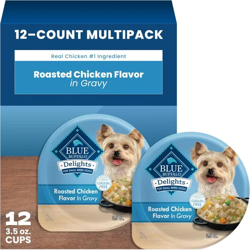 Blue Buffalo Delicias Copa de alimentos de perro mojada de la raza pequeña adulta natural, sabor de pollo asado en salsa abundante 3.5-oz (paquete