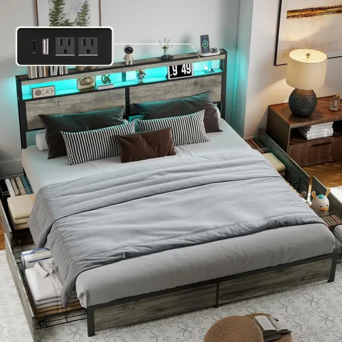Miniatura 14 de Full Bed Frame with 2-Tier Storage Headboard and 4 Drawers, Metal Platform Bed Frame with LED & Charging Station, No Box Spring Needed/Noise
