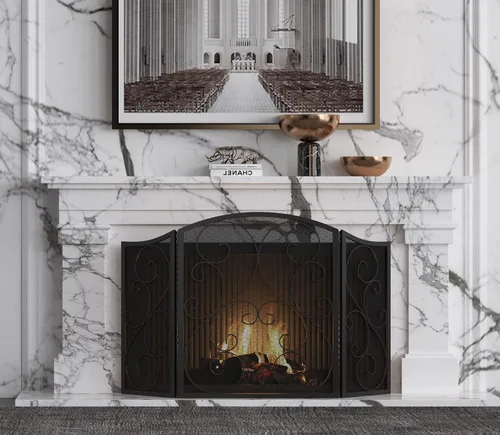 Miniatura 7 de Pantalla para chimenea Fire Beauty de 3 paneles, hierro forjado de metal, 121,9 cm (L) x 76,2 cm (H), cubierta protectora contra chispas (negro)