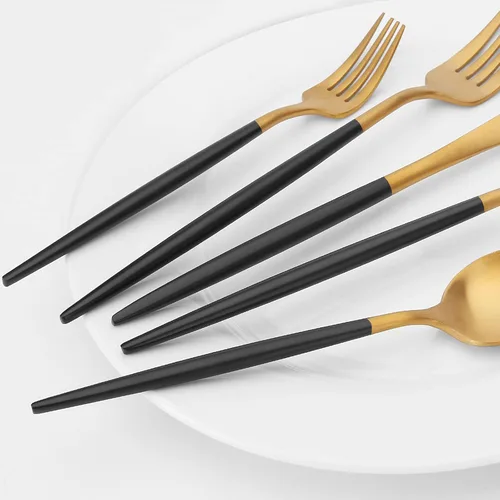 Miniatura 4 de Vanys - Juego de cubiertos dorados mate con mango negro, juego de cubiertos de acero inoxidable de 20 piezas, juego de utensilios de cocina para 4