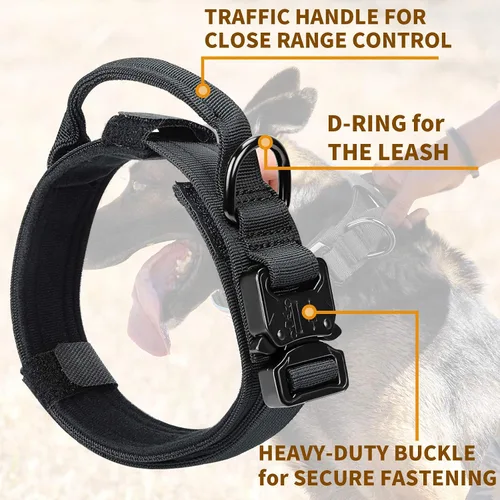 Miniatura 2 de Collar táctico para perros medianos y grandes, collar de perro militar negro grueso con asa, hebilla de metal resistente ajustable, collar K9