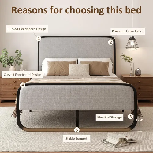 Miniatura 4 de Sismplly Base de cama tapizada de tamaño matrimonial con cabecero y estribo curvos, listones de metal resistente, almacenamiento debajo de la cama