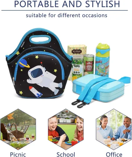 Miniatura 7 de VASCHY Bolsa de almuerzo para niños, bolsa de almuerzo ligera de neopreno aislada para niños, escuela, guardería, jardín de infantes, astronauta