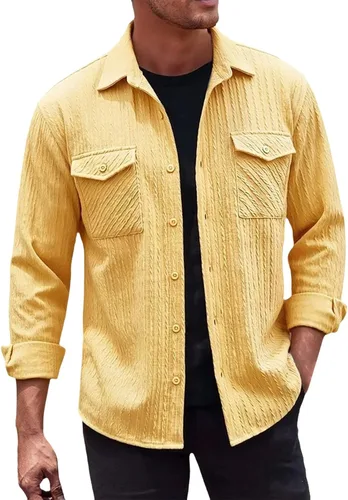 Miniatura 16 de Camisas con botones para hombre, casual, de manga larga, con cuello jacquard, texturizada, ligera, sobrecamisa, sobrecamisa